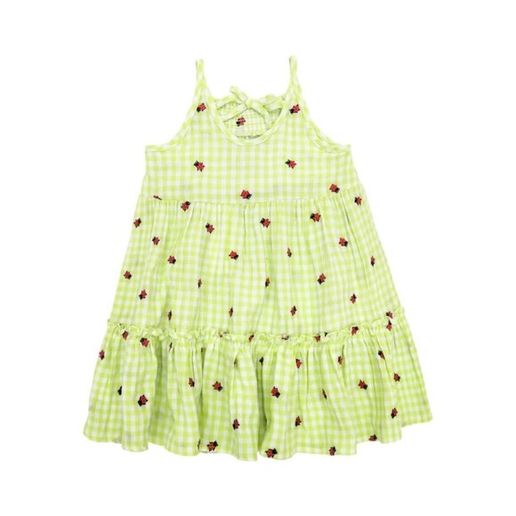 PEEK Ladybug Schiffli Dress Lime Gingham 10 Embroidered Smocked Sundress Tiered - Picture 2 of 11